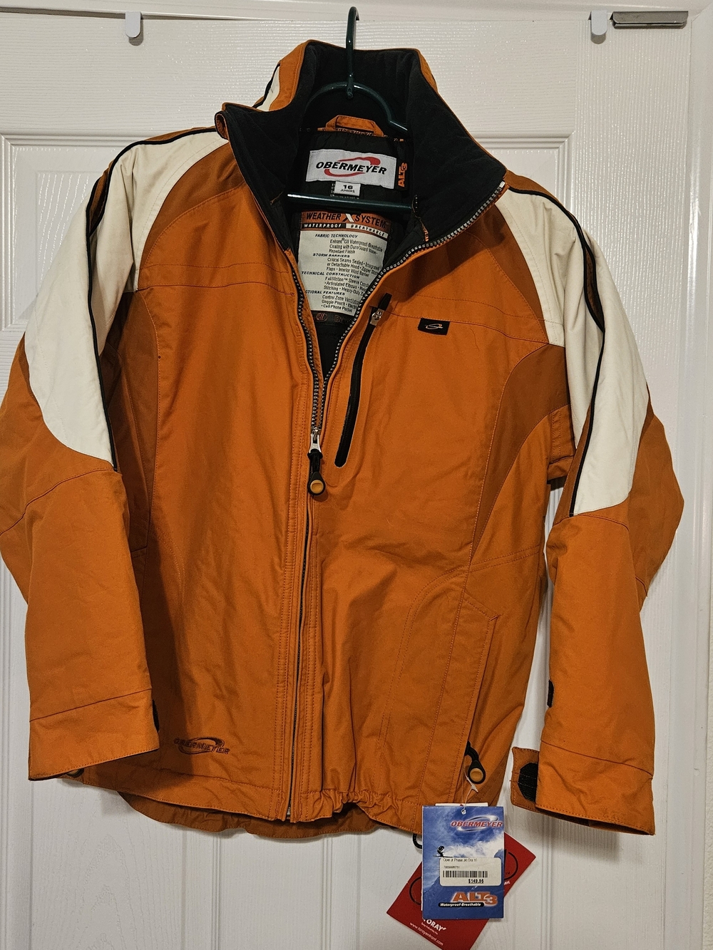 NWT Obermeyer Youth Ski Jacket - Size 16 -Orange/White/Black